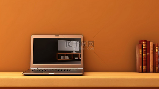 方形背景的 3D 插图，带有装有笔记本电脑的棕色架子