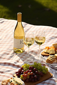 在草坪上野餐，享用葡萄酒和小吃