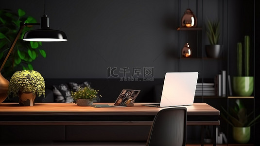 时尚的家庭办公室，配有笔记本电脑模型和桌面 3D 渲染的创造力空间