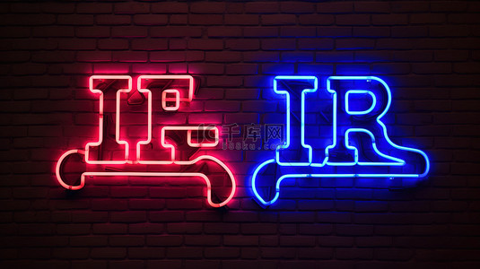 霓虹灯石油价格战标志，红色和蓝色发光文字贴在砖墙上，令人惊叹的 3D 插图