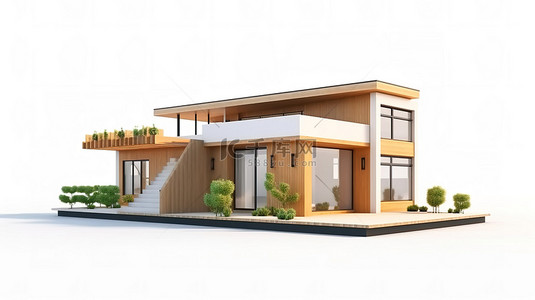 创新的住房设计一个纸板运输箱，在白色背景 3D 渲染上模仿现代小屋