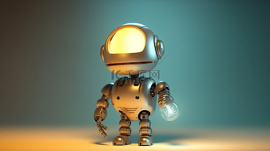 科技理念背景图片_创新理念释放出带有灯泡的 3D 渲染锡制玩具机器人