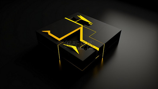3d 渲染的黄色箭头图标，带有方框插入符号下轮廓和方向符号