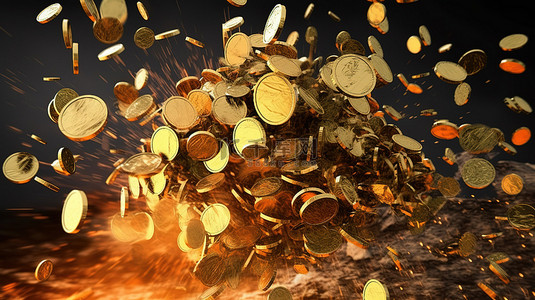 描绘赌场大奖或商业胜利的硬币爆炸 3D 渲染