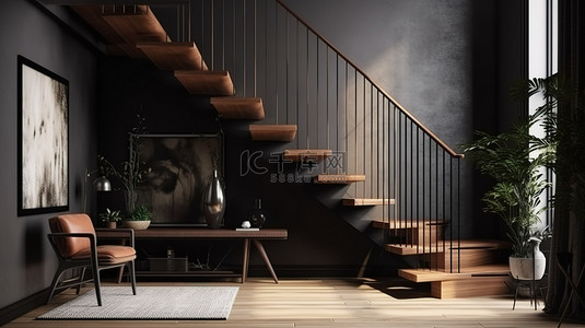 设计楼梯背景图片_3D 渲染的室内场景和模型大厅楼梯
