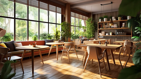 咖啡店舒适用餐空间的 3D 渲染