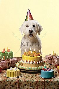 一只戴着派对帽的白狗坐在一张大生日蛋糕桌和几件礼物下