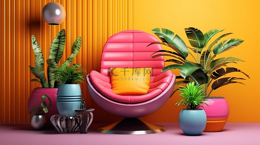 孟菲斯彩色背景图片_令人惊叹的 3D 渲染彩色孟菲斯设计扶手椅，配有控制台和室内概念植物