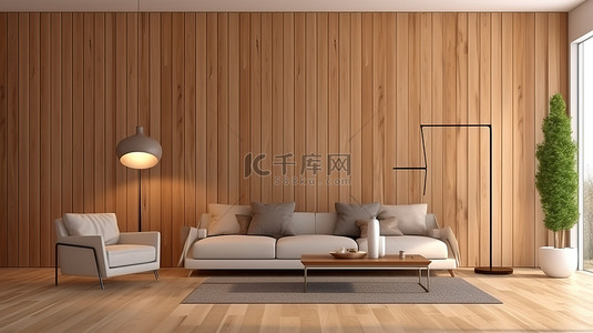 旅馆房间背景图片_用时尚的垂直木墙装饰提升您的生活空间现代房间的 3D 渲染