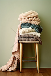 一张木椅，上面有毛衣针织品和拖鞋