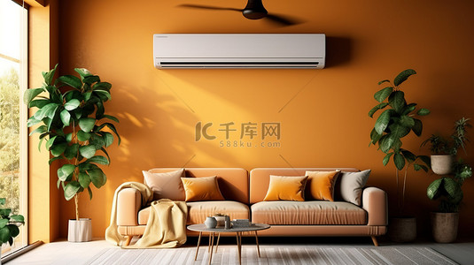 空调背景背景图片_带空调的现代客厅 3D 渲染明亮内饰的插图