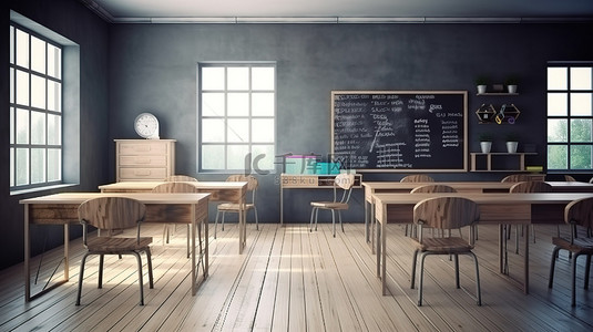 现代教室设计时尚的课桌舒适的座椅和具有深场效果的 3D 渲染交互式黑板