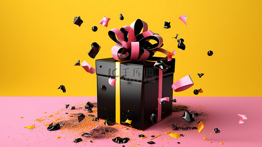 黄色背景下爆炸的粉色丝带黑色礼品盒的 3D 插图