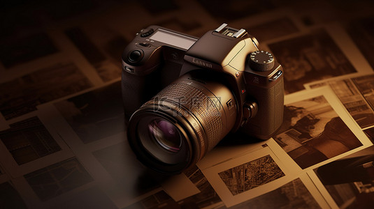 在棕色背景的 3D 相机中捕捉记忆，照片表强调技术和摄影