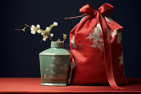 青瓷背景图片_一个装有礼品袋的礼品架位于罐子旁边