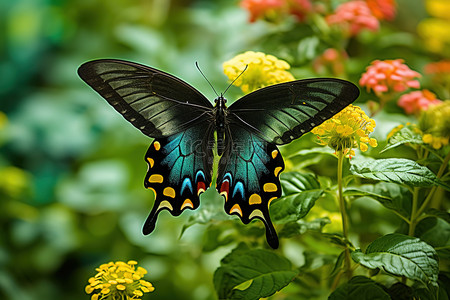 绿色植物上的黑色蝴蝶，开着金花