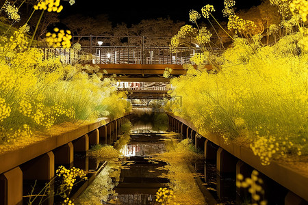 夜间桥上盛开的黄色花朵的图像