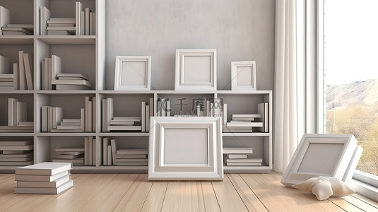 家背景图片_躺在地板上的白色相框周围的书籍 3D 渲染图像