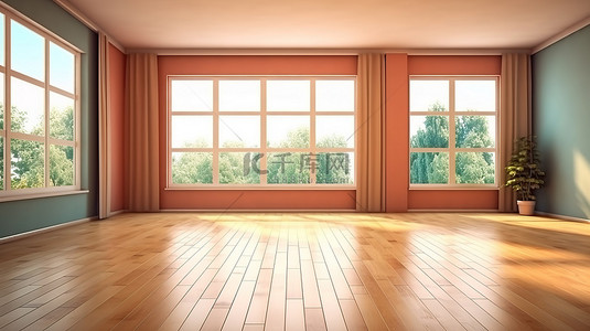 3D 渲染的简约生活空间，配有木地板彩绘墙壁和宽大的窗户
