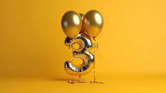 生日氣球派對背景图片_欢乐的 3 岁生日庆祝活动，3D 渲染金色气球问候