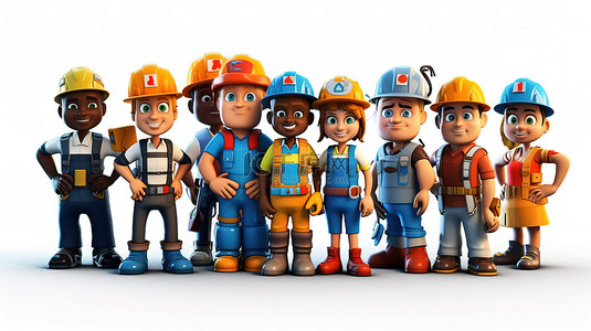 工程师团队背景图片_以工程师技术人员和工人为特色的工业建筑团队中不同职业的 3D 卡通插图