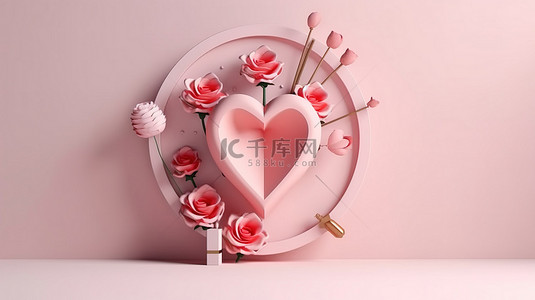 3d 渲染抽象情人节主题与花心箭弓礼盒玫瑰和粉红色背景