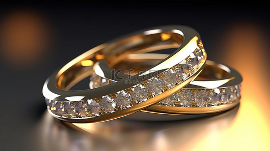 闪闪发光的黄金和钻石戒指在令人惊叹的 3D 渲染中展示在反光表面上