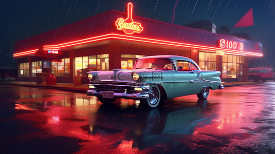 雨夜氛围霓虹灯餐厅和老式汽车，湿沥青 3D 渲染上有彩色反射