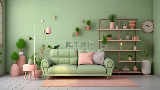 家居枕头背景图片_浅绿色沙发采用柔和的房间装饰，配有花卉装饰舒适的枕头和清爽的绿色墙壁