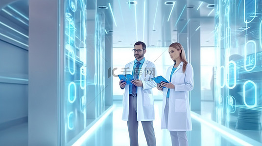 医疗专业人员一名男医生和一名女医生站在现代诊所里，手里拿着平板电脑和笔记本