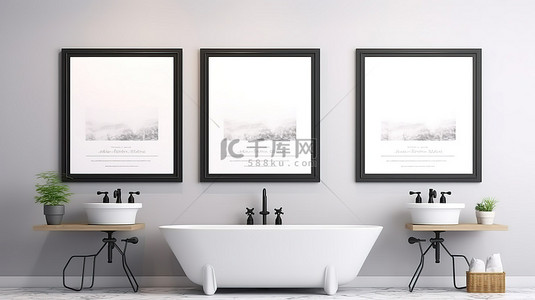 三维家具模型背景图片_带海报框架模型的现代浴室的三维可视化