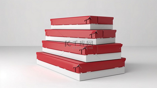 白色背景上白色邮箱的渲染 3D 图像，其中包含一堆带有红色的空白纸板披萨盒