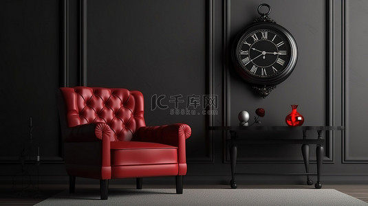 具有黑色和红色扶手椅时钟和深色内饰的模型的 3D 插图