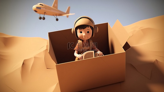 孩子的想象力在 3D 插图纸板飞机背景中飞翔