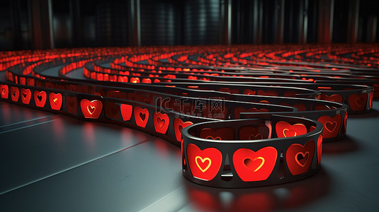 生产社交媒体心形图标的装配线的 3D 渲染