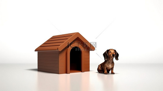 带有棕色犬伴侣的狗屋的 3D 渲染