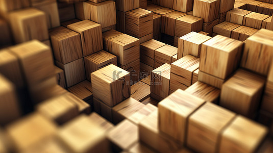 3D 渲染的抽象木立方体块背景的极端特写