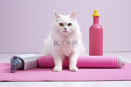 白猫，手里拿着一瓶水和重物，坐在垫子上的垫子旁边