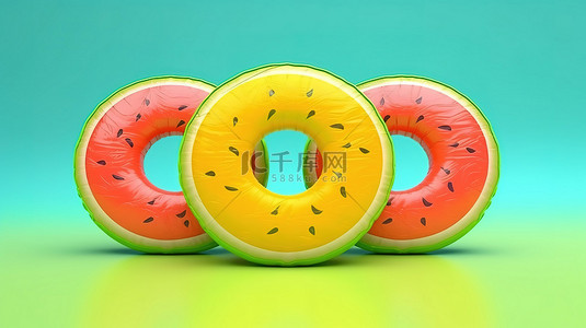 充满活力的充气环，饰有橙色柠檬和西瓜，庆祝夏季 3d 渲染