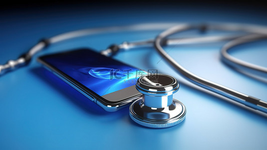 医疗背景下蓝色听诊器和智能手机的远程医疗概念 3D 渲染