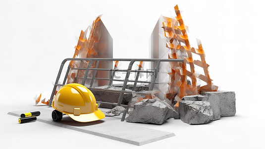 施工工地背景背景图片_白色背景 3d 渲染描绘了带有路障和头盔的施工概念