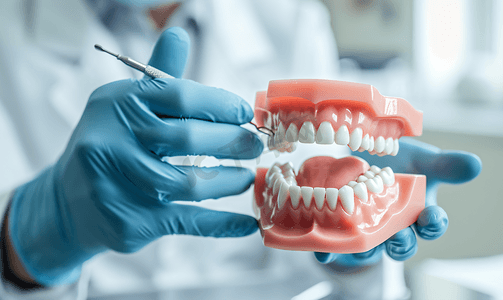 牙齿医生拿着假牙给病人讲解