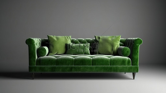 装饰有枕头的前视绿色沙发的 3D 渲染