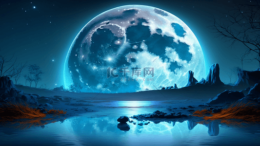 紫色梦幻树林背景图片_月亮蓝色梦幻山川河流背景