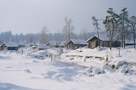 一个小村庄被雪覆盖着
