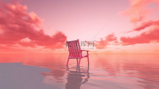 粉红色的天空沙滩椅 3D 渲染夏季热带背景以供放松