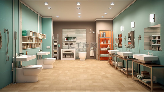 豪华浴室装置陈列室设计的 3D 渲染