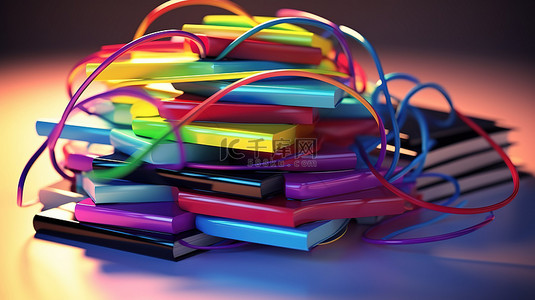 鼠标电脑背景图片_在 3d 渲染中连接到一堆充满活力的书籍的计算机鼠标