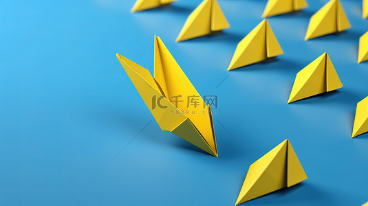 黄纸飞机在描绘领导概念 3d 渲染的蓝色和白色背景中翱翔成功