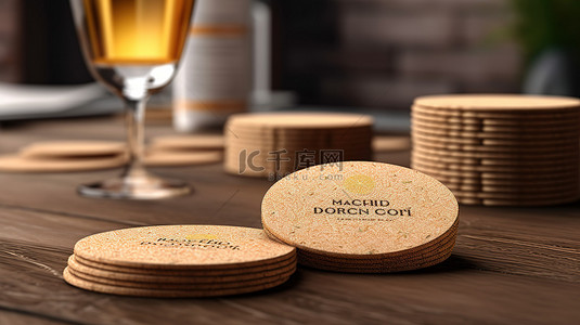 白色木桌上一堆圆形软木啤酒杯垫模型的 3D 渲染